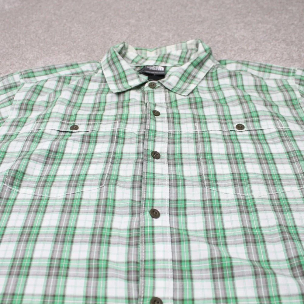 The North Face Shirt Mens XL Green/Gray Plaid Short Sleeve Cotton/Poly Button‎